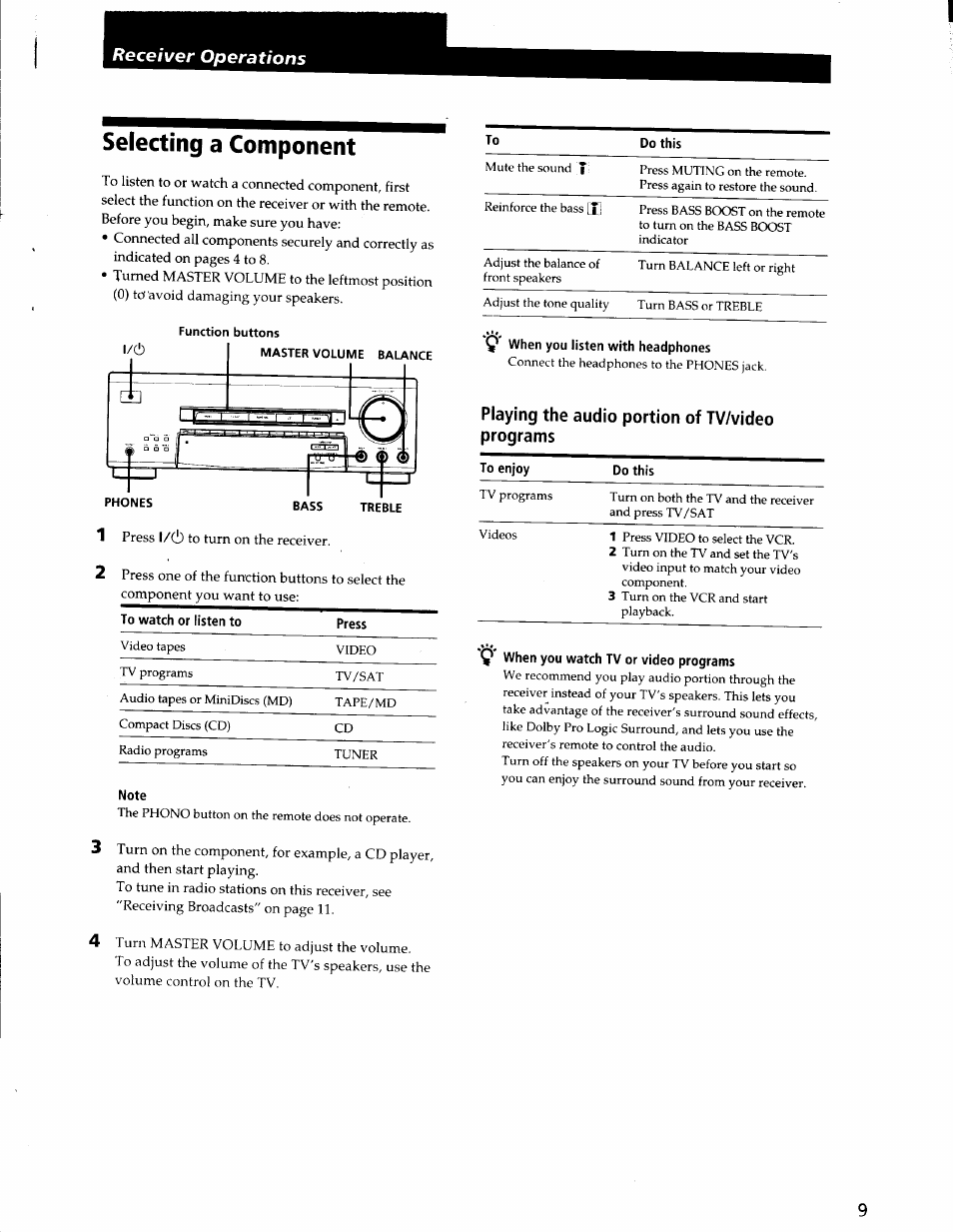 Selecting a component, Note, Q* when you watch tv or video programs | Receiver operations, Playing the audio portion of tv/video programs | Sony STR-V220 User Manual | Page 9 / 24