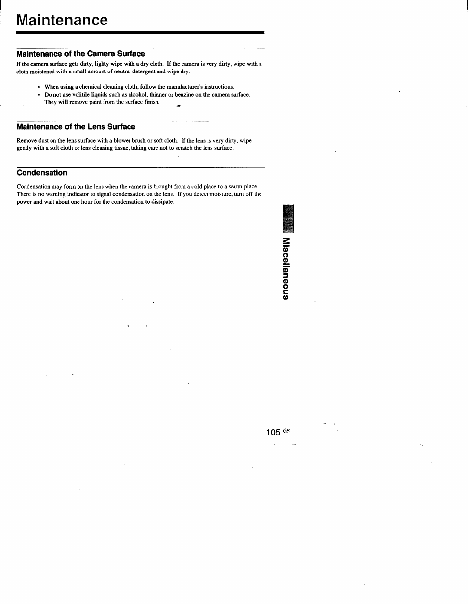 Maintenance, Maintenance of the camera surface, Maintenance of the lens surface | Condensation | Sony DSC-D700 User Manual | Page 105 / 118