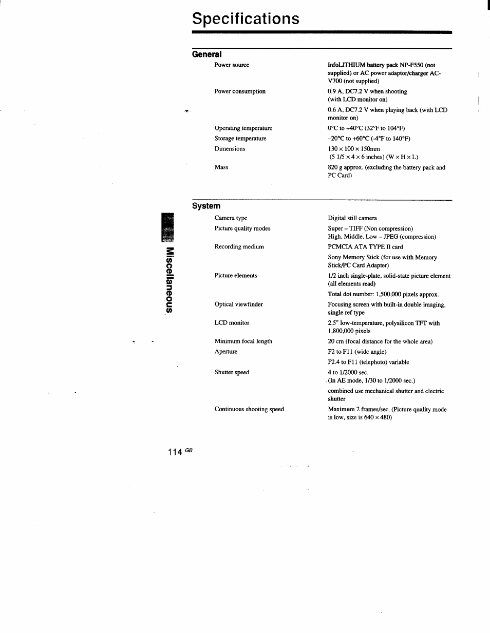 Specifications, System | Sony DSC-D700 User Manual | Page 114 / 118