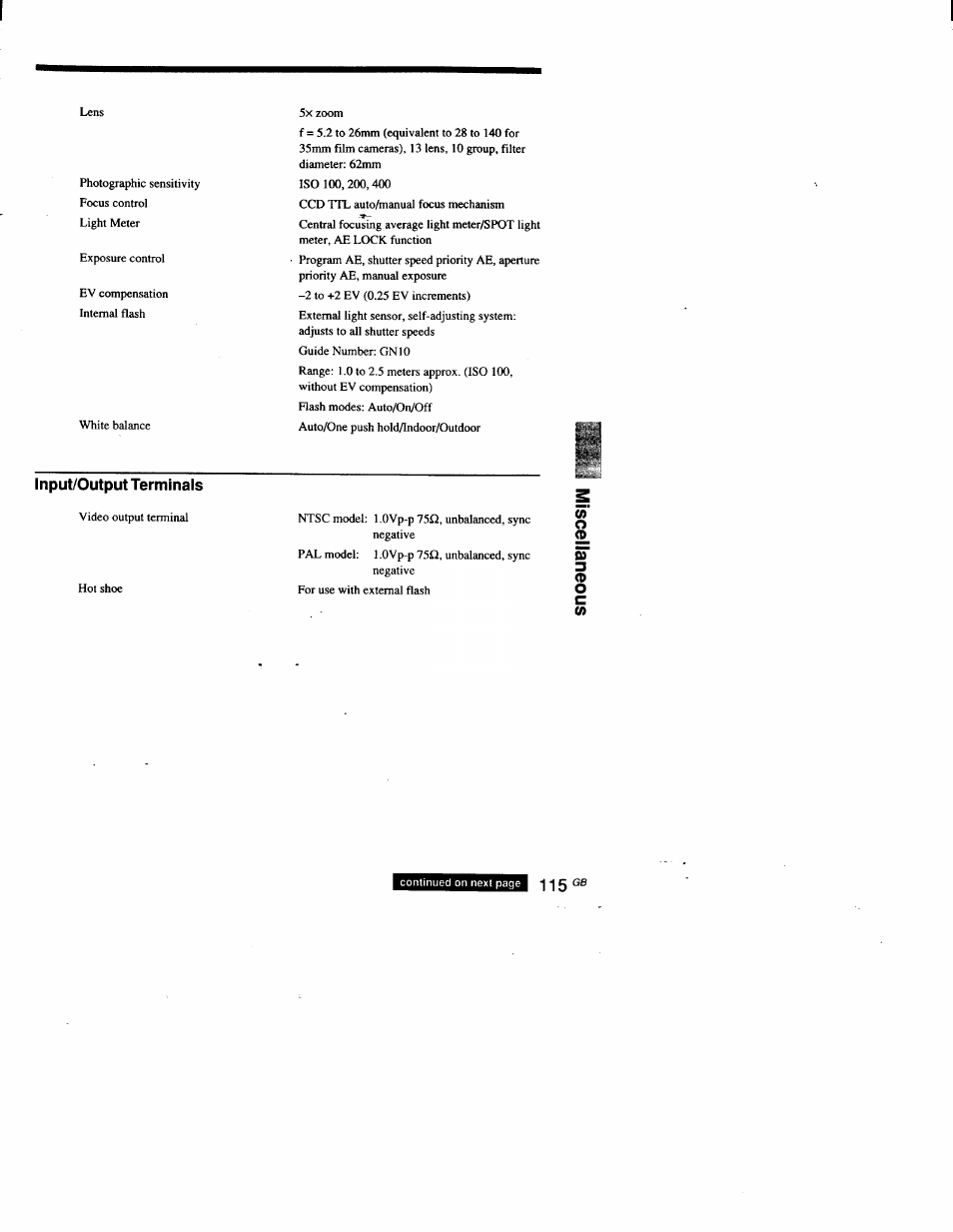 Input/output terminals, Continued on next page 115 | Sony DSC-D700 User Manual | Page 115 / 118