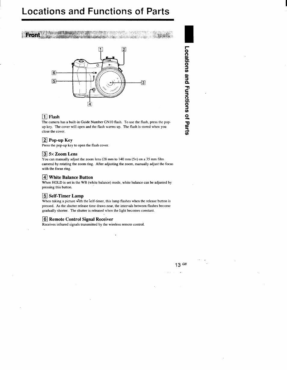 Locations and functions of parts, Front, U flash | Pop-up key, 5x zoom lens, 4] white balance button, 5] self-timer lamp, Remote control signal receiver | Sony DSC-D700 User Manual | Page 13 / 118