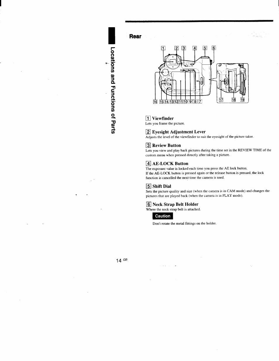 Rear, M viewfinder, Eyesight adjustment lever | Review button, 4] ae-lock button, 5] shift dial, 6] neck strap belt holder, Caution | Sony DSC-D700 User Manual | Page 14 / 118