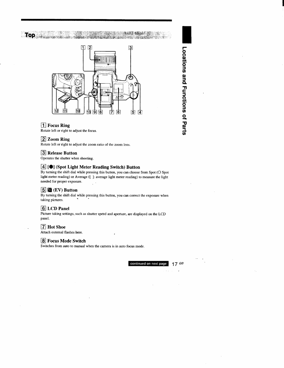 In focus ring, N zoom ring, 3l release button | N [•] (spot light meter reading switch) button, 5] @ (ev) button, 6] lcd panel, H] hot shoe, 8] focus mode switch | Sony DSC-D700 User Manual | Page 17 / 118