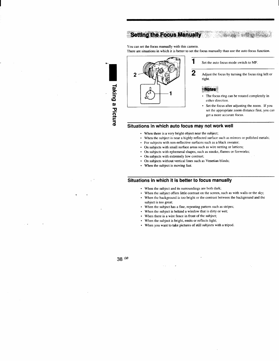 Setting the focus manually, Tlotes, Situations in which auto focus may not work well | Situations in which it is better to focus manually | Sony DSC-D700 User Manual | Page 38 / 118