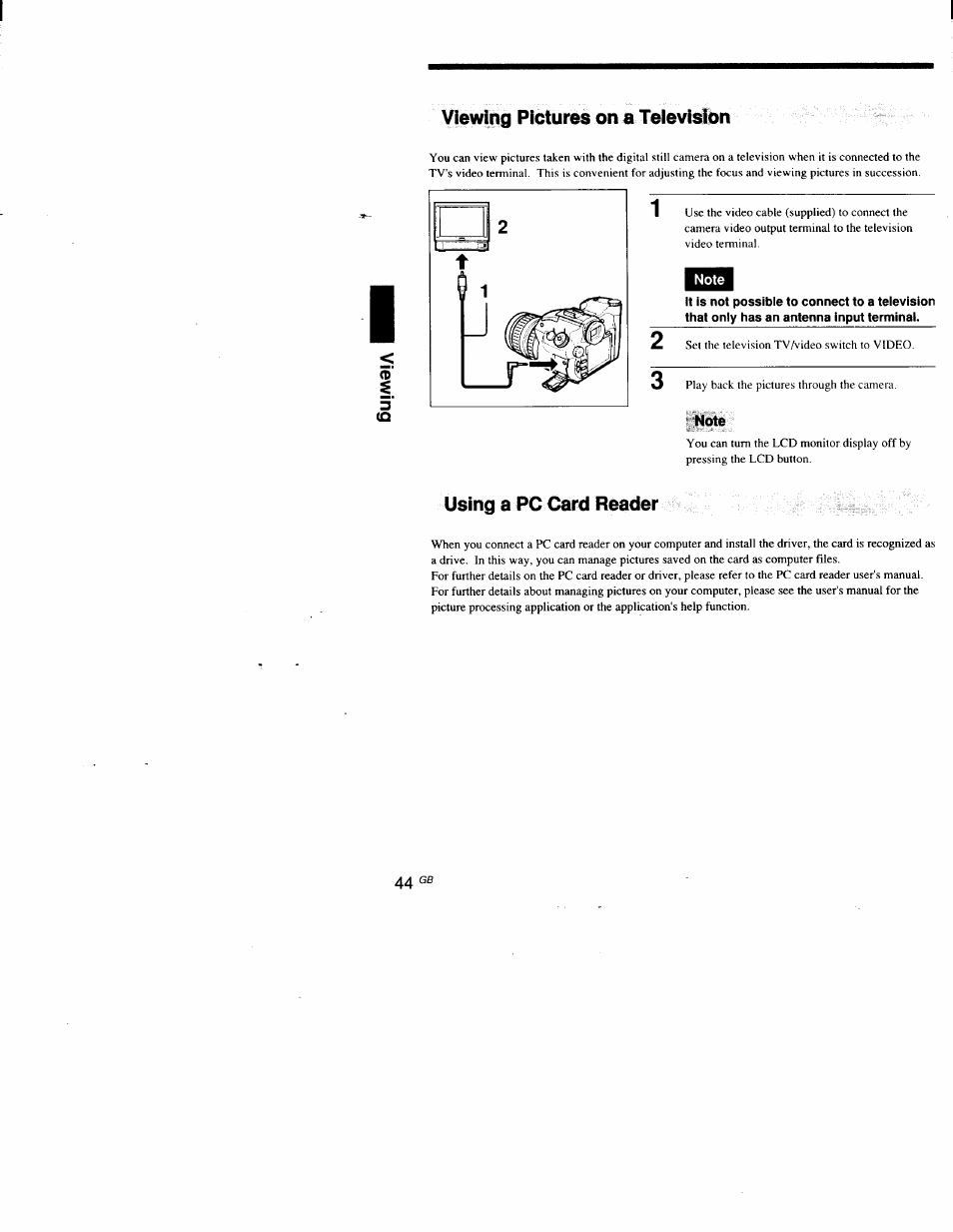 Note, Using a pc card reader, Viewing pictures on a television | Sony DSC-D700 User Manual | Page 44 / 118