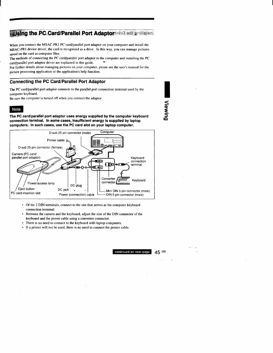 Connecting the pc card/parallel port adaptor, Using^e pc card/paralle! port adaptor, Jjslng the pc card/parallel port adaptor | Continued on next page 45 | Sony DSC-D700 User Manual | Page 45 / 118