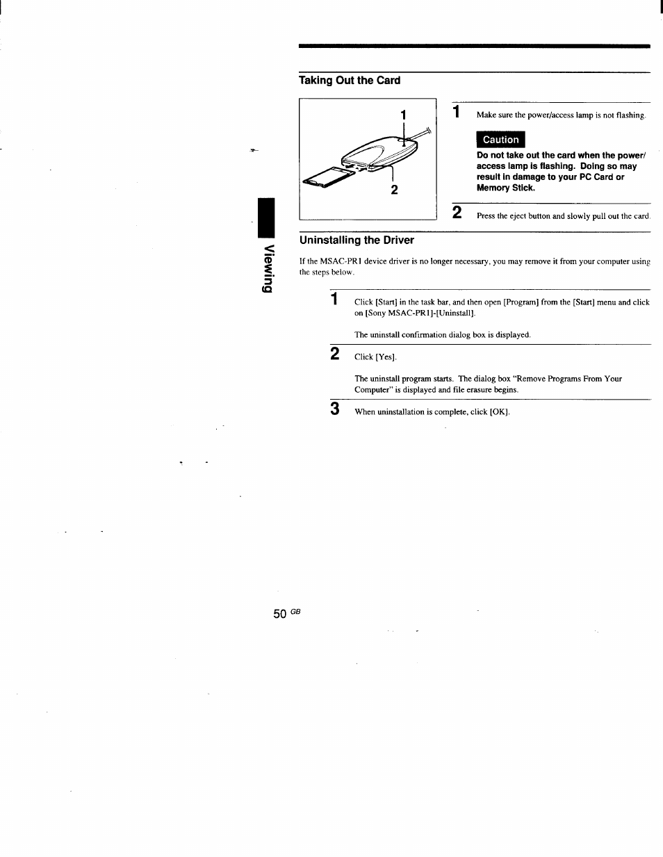 Taking out the card, Uninstalling the driver | Sony DSC-D700 User Manual | Page 50 / 118