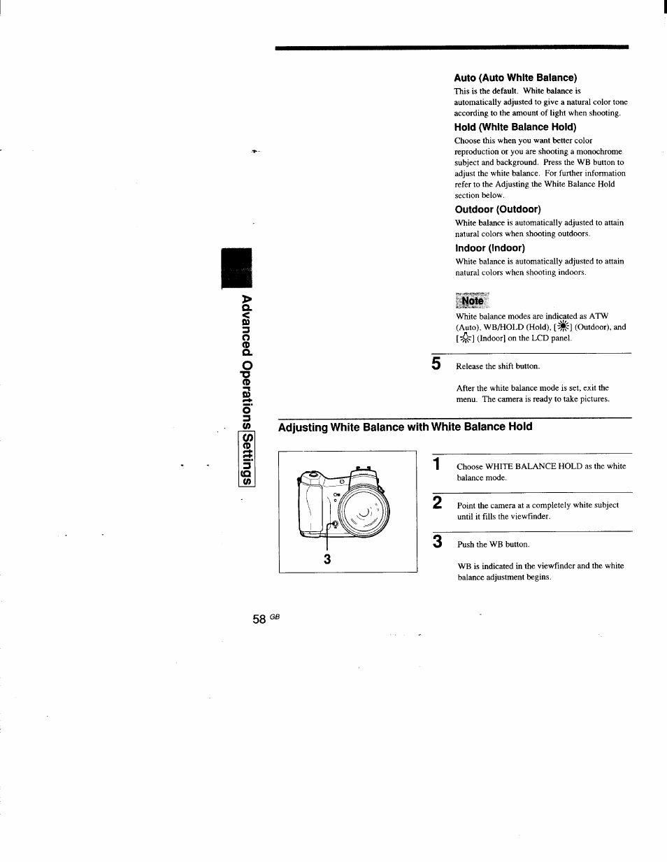 Auto (auto white balance), Hold (white balance hold), Outdoor (outdoor) | Indoor (indoor), Note | Sony DSC-D700 User Manual | Page 58 / 118