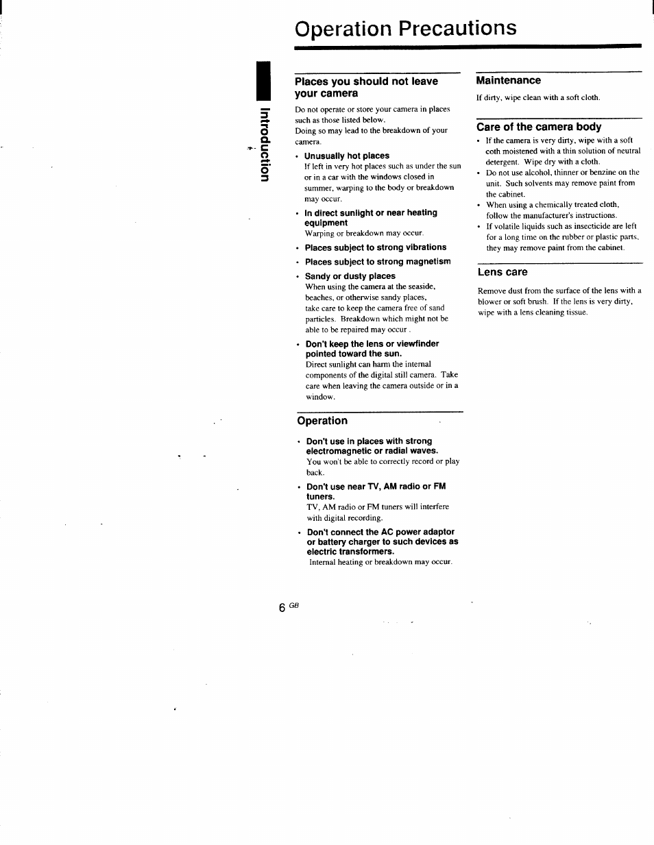 Operation precautions, Places you should not leave your camera, Maintenance | Care of the camera body, Lens care, Operation | Sony DSC-D700 User Manual | Page 6 / 118
