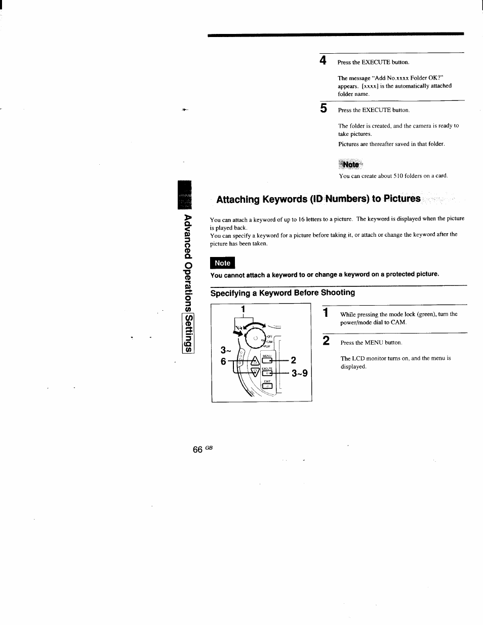 Note, Attaching keywords (id numbers) to pictures, Specifying a keyword before shooting | Sony DSC-D700 User Manual | Page 66 / 118