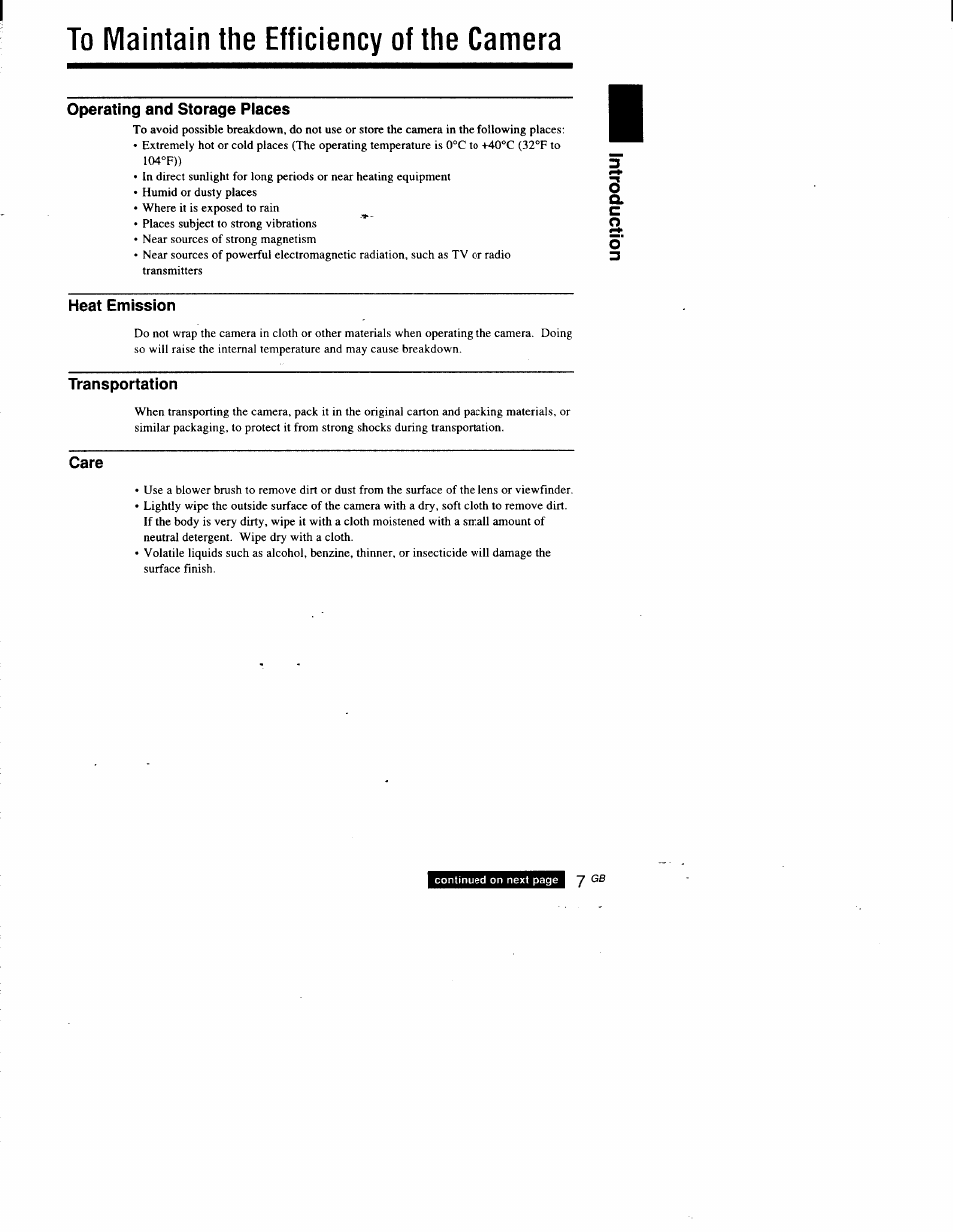 To maintain the efficiency of the camera, Operating and storage places, Heat emission | Transportation, Care, To maintain the efficiency of the, Camera | Sony DSC-D700 User Manual | Page 7 / 118