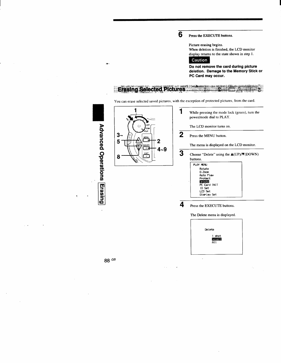 Caution, Erasing selected pictures | Sony DSC-D700 User Manual | Page 88 / 118