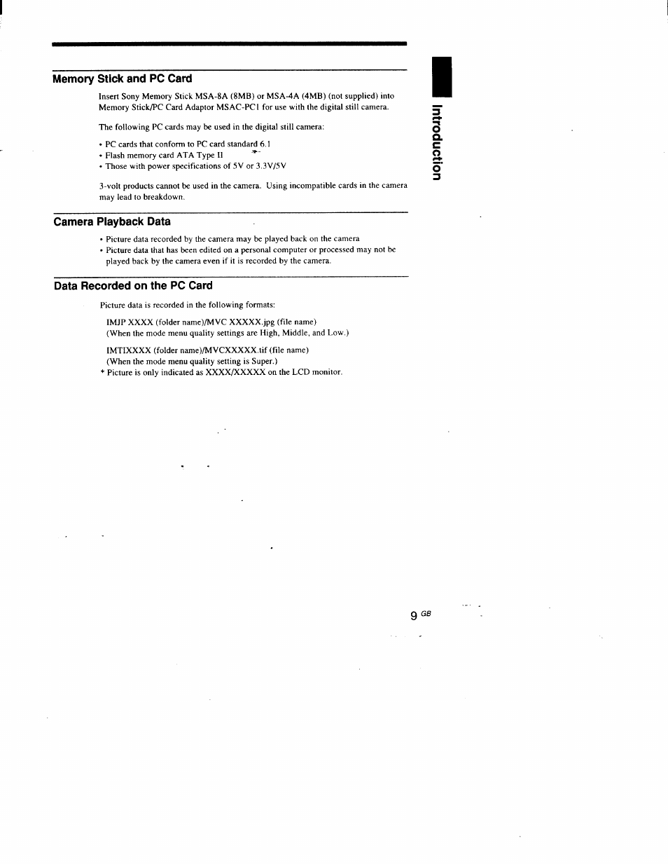 Memory stick and pc card, Camera playback data, Data recorded on the pc card | Sony DSC-D700 User Manual | Page 9 / 118