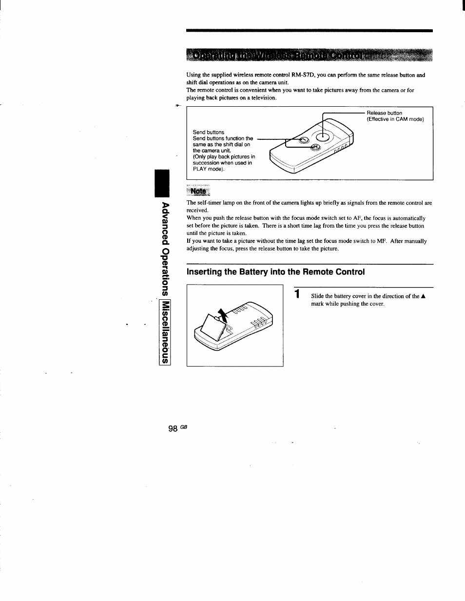 Inserting the battery into the remote control o | Sony DSC-D700 User Manual | Page 98 / 118