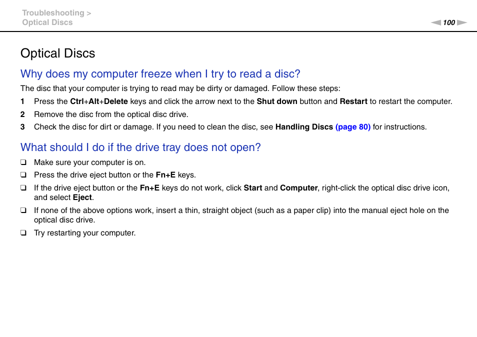 Optical discs, What should i do if the drive tray does not open | Sony VGC-JS320J User Manual | Page 100 / 120