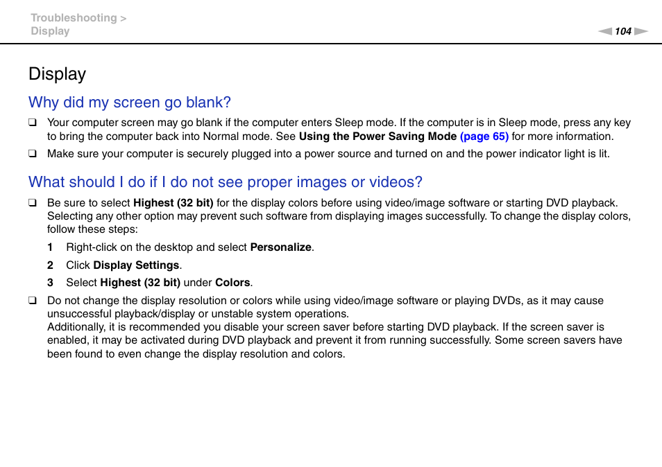 Display, Why did my screen go blank | Sony VGC-JS320J User Manual | Page 104 / 120