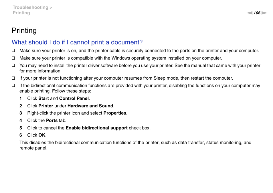 Printing, Inting, What should i do if i cannot print a document | Sony VGC-JS320J User Manual | Page 106 / 120