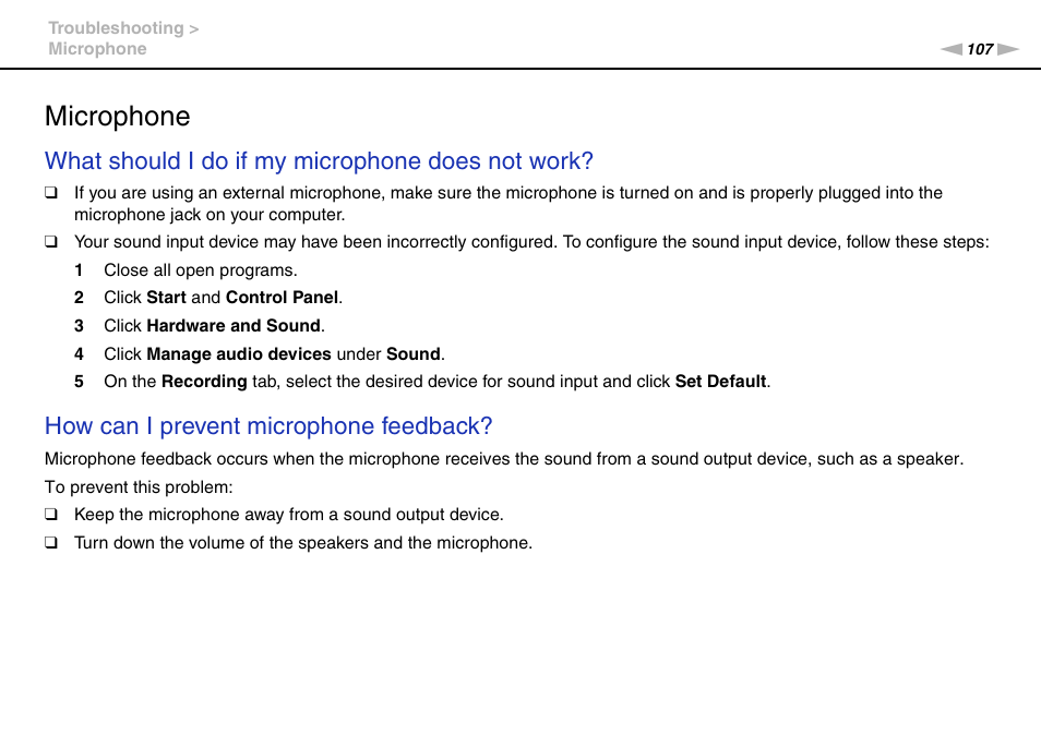 Microphone, What should i do if my microphone does not work, How can i prevent microphone feedback | Sony VGC-JS320J User Manual | Page 107 / 120