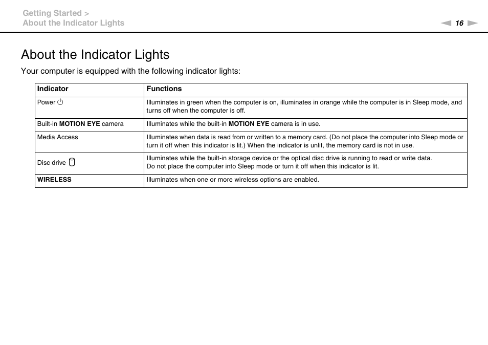 About the indicator lights | Sony VGC-JS320J User Manual | Page 16 / 120