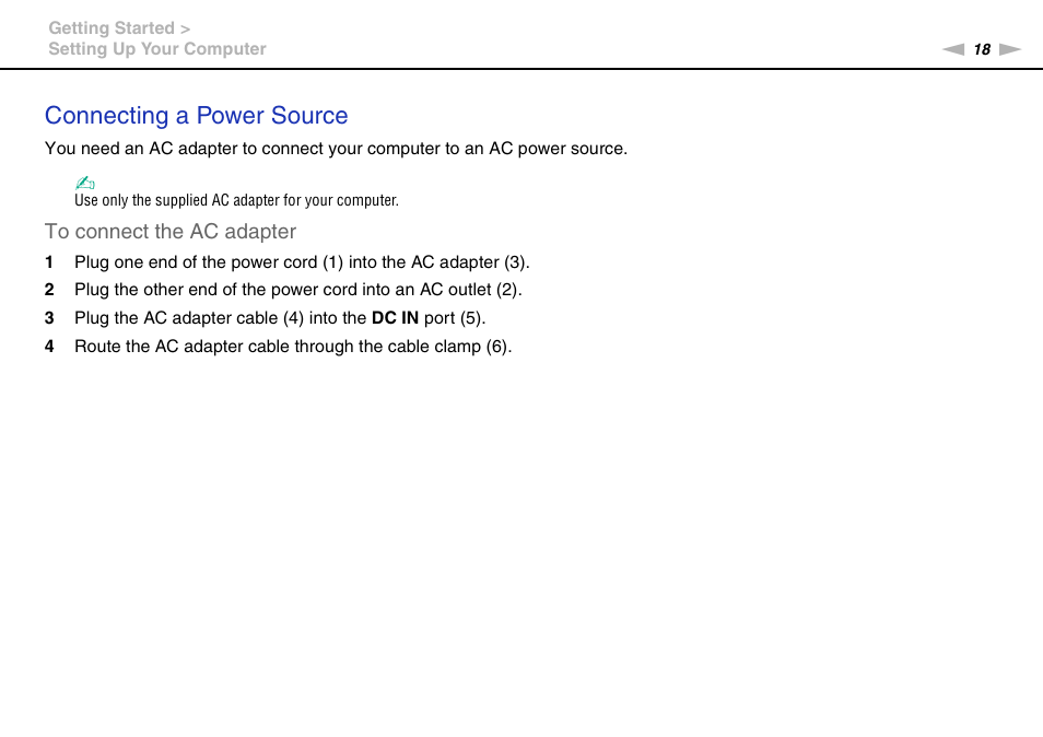 Connecting a power source | Sony VGC-JS320J User Manual | Page 18 / 120