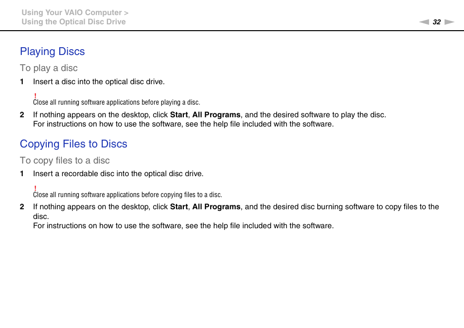 Playing discs, Copying files to discs | Sony VGC-JS320J User Manual | Page 32 / 120