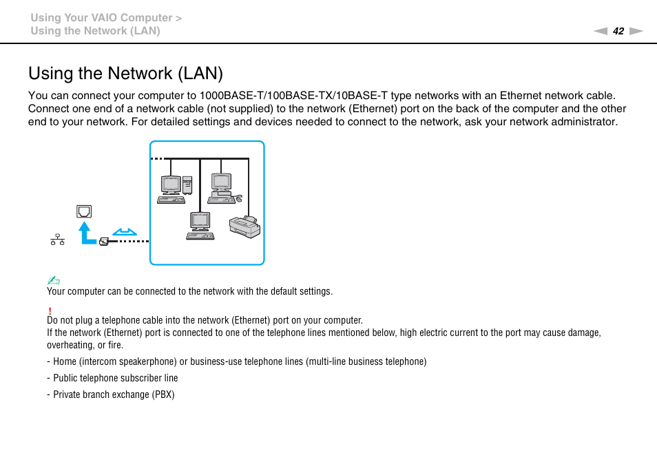 Using the network (lan) | Sony VGC-JS320J User Manual | Page 42 / 120