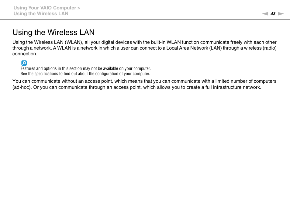 Using the wireless lan | Sony VGC-JS320J User Manual | Page 43 / 120