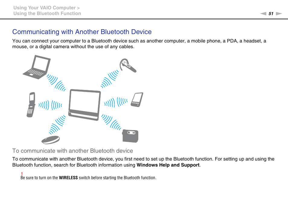 Communicating with another bluetooth device | Sony VGC-JS320J User Manual | Page 51 / 120