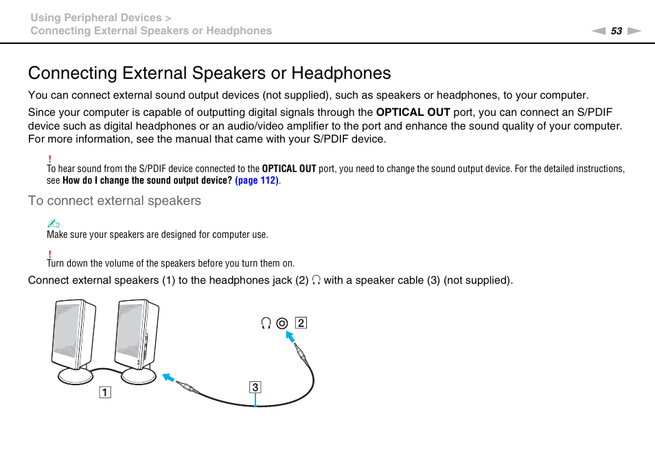 Connecting external speakers or headphones | Sony VGC-JS320J User Manual | Page 53 / 120