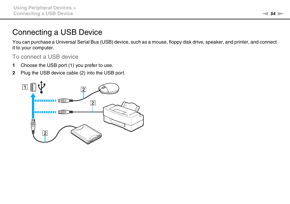 Connecting a usb device | Sony VGC-JS320J User Manual | Page 54 / 120