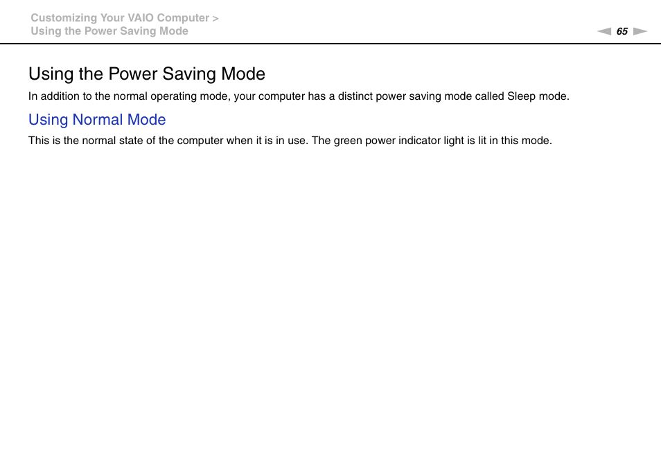 Using the power saving mode, Using normal mode | Sony VGC-JS320J User Manual | Page 65 / 120