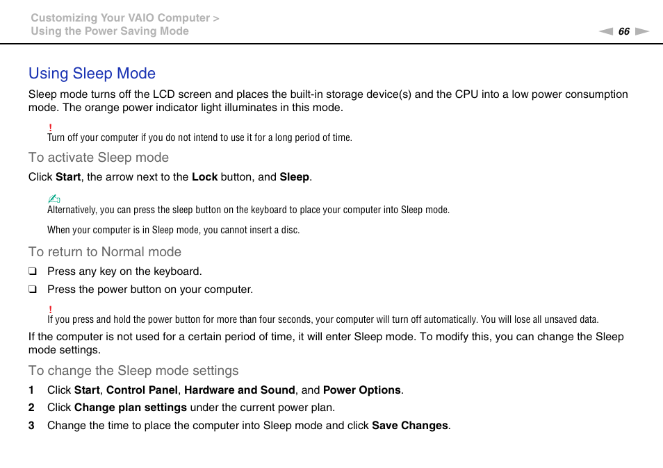 Using sleep mode | Sony VGC-JS320J User Manual | Page 66 / 120