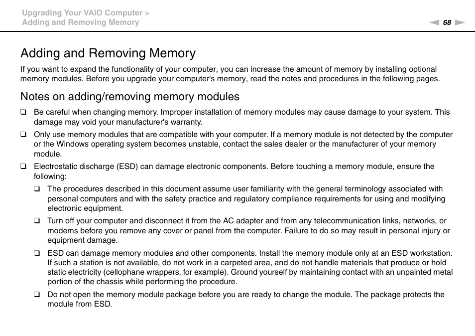 Adding and removing memory | Sony VGC-JS320J User Manual | Page 68 / 120