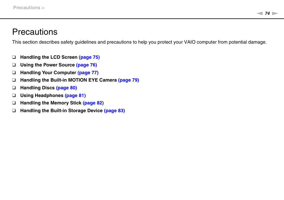 Precautions | Sony VGC-JS320J User Manual | Page 74 / 120