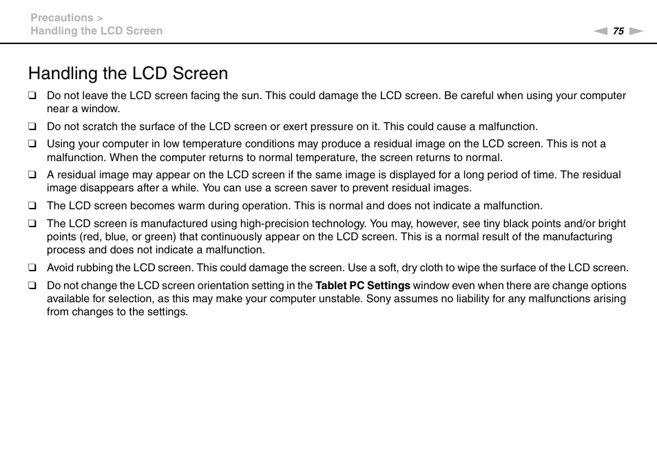 Handling the lcd screen | Sony VGC-JS320J User Manual | Page 75 / 120