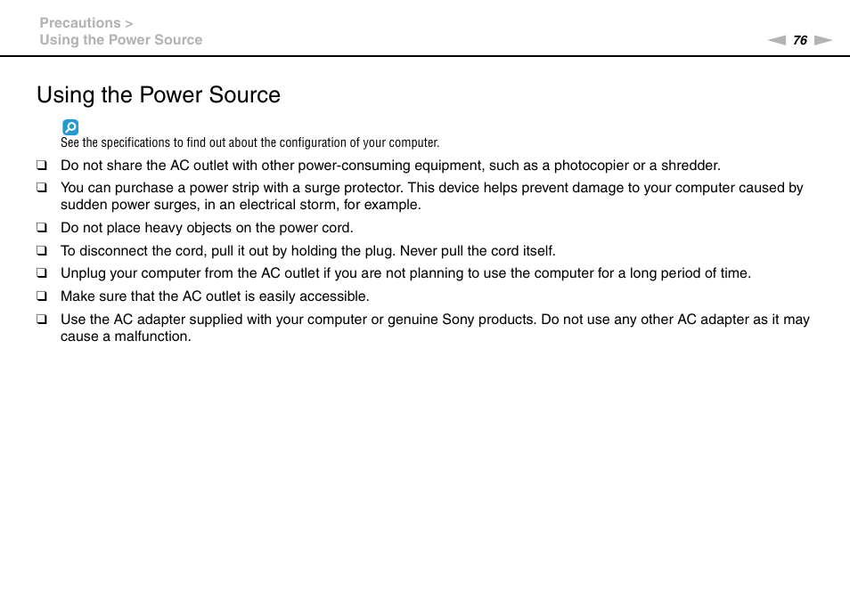 Using the power source | Sony VGC-JS320J User Manual | Page 76 / 120