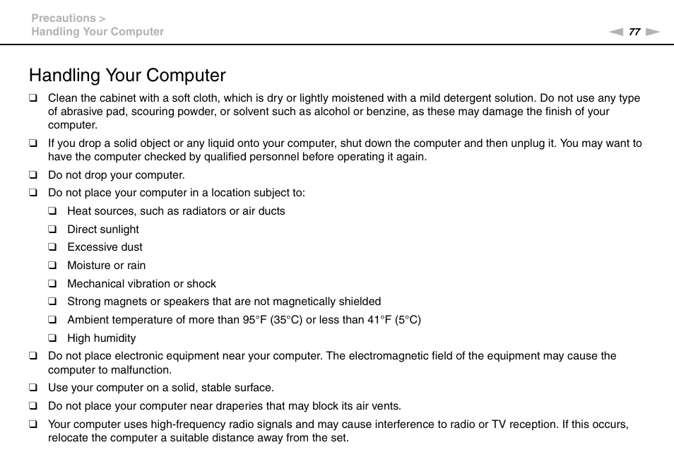 Handling your computer | Sony VGC-JS320J User Manual | Page 77 / 120