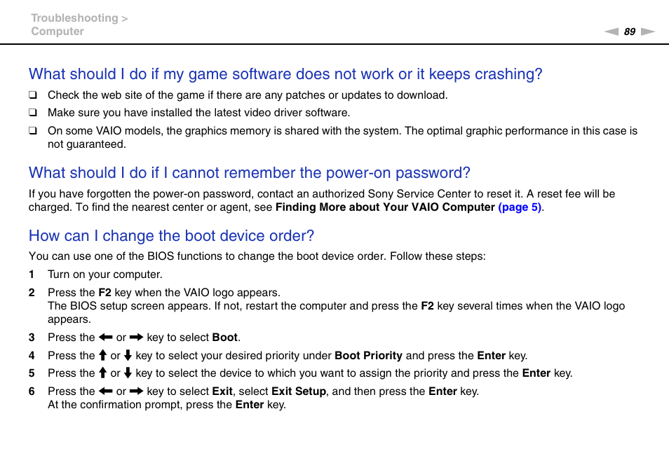 How can i change the boot device order | Sony VGC-JS320J User Manual | Page 89 / 120