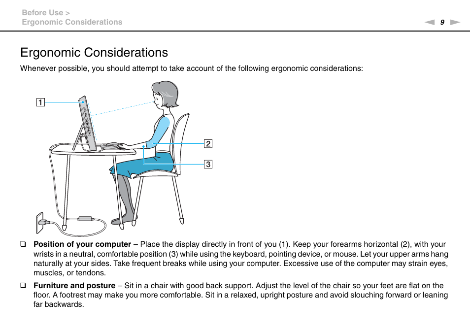Ergonomic considerations | Sony VGC-JS320J User Manual | Page 9 / 120
