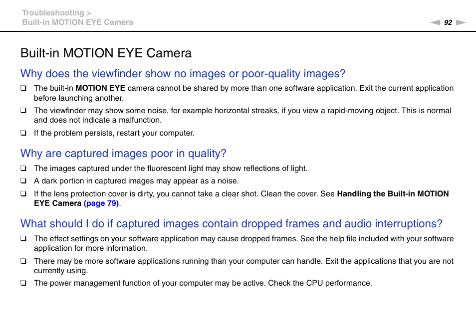 Built-in motion eye camera, Why are captured images poor in quality | Sony VGC-JS320J User Manual | Page 92 / 120