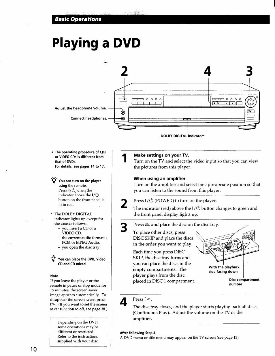 Playing a dvd, Make settings on your tv, When using an amplifier | Basic operations | Sony DVP-C600D User Manual | Page 10 / 59