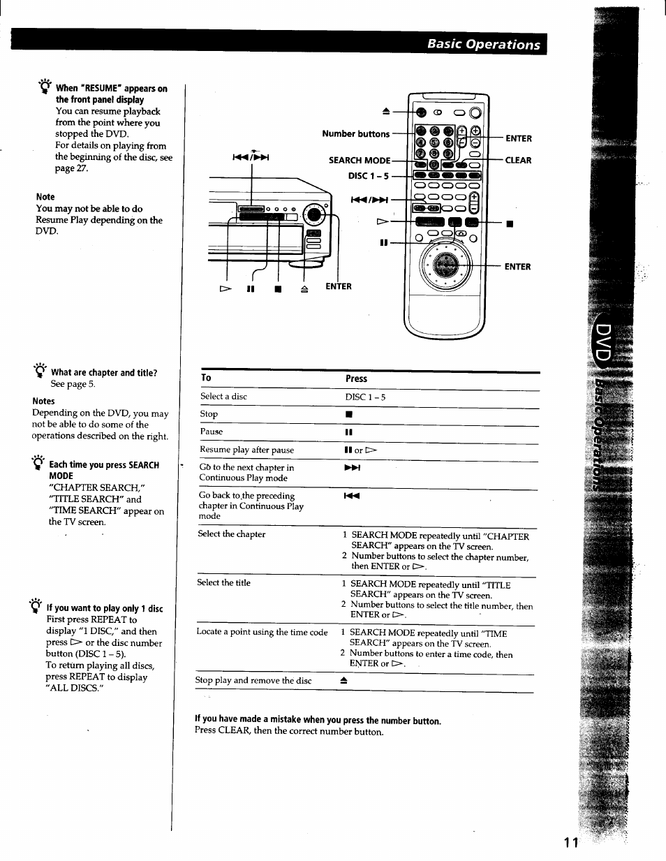 Note, What are chapter and title, Notes | Q' each time you press search mode, O’' if you want to play only 1 disc, Basic operations | Sony DVP-C600D User Manual | Page 11 / 59