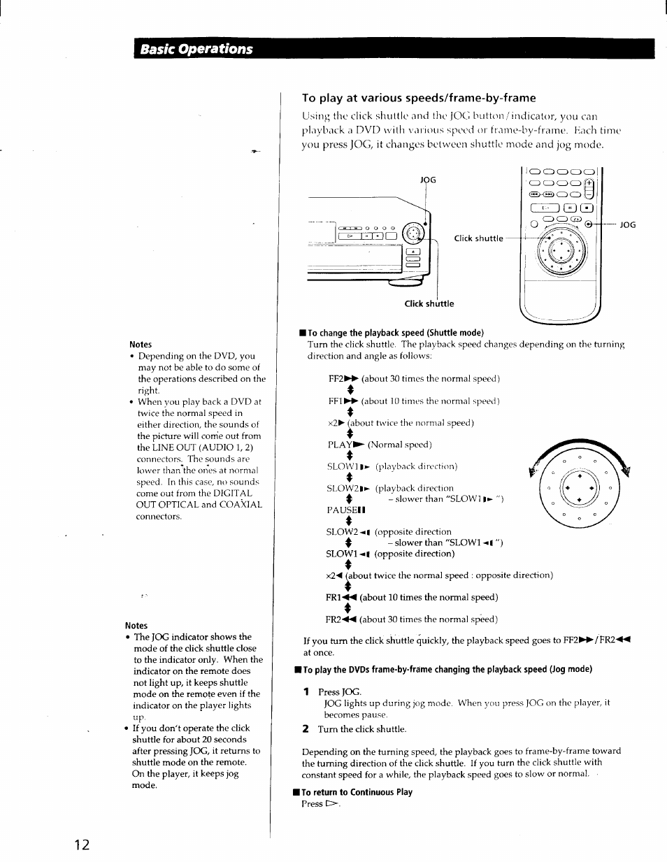 Notes, To play at various speeds/frame-by-frame, I to change the playback speed (shuttle mode) | To return to continuous play, Basic operations | Sony DVP-C600D User Manual | Page 12 / 59