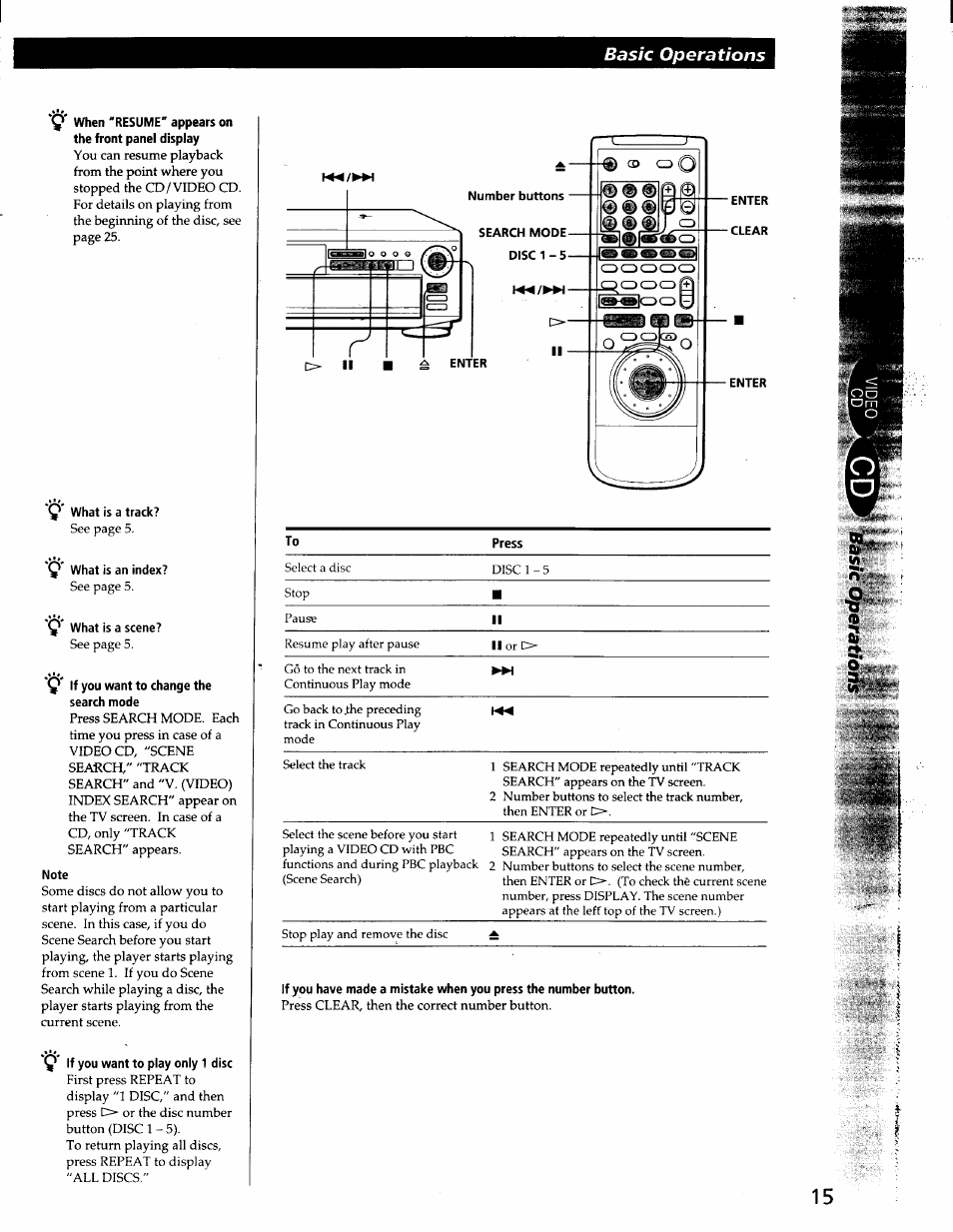 When "resume" appears on the front panel display, Q what is a track, Q what is an index | What is a scene, Y if you want to change the search mode, Note, If you want to play only 1 disc, Basic operations | Sony DVP-C600D User Manual | Page 15 / 59