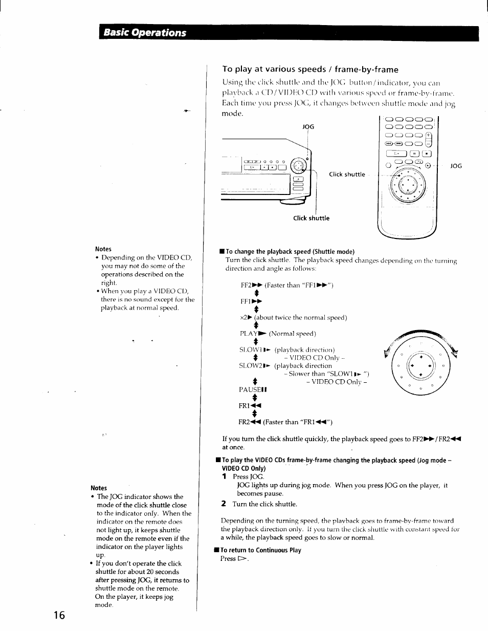 Notes, To play at various speeds / frame-by-frame, I to change the playback speed (shuttle mode) | Cfr2x, I to return to continuous play, Basic operations | Sony DVP-C600D User Manual | Page 16 / 59