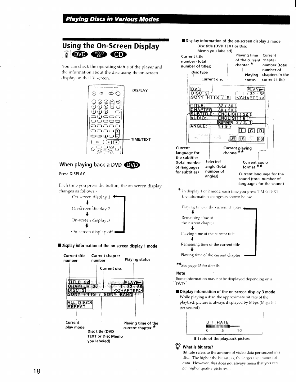 Using the on-screen display, When playing back a dvd iiwil, Note | Bit rate iiiiiiiiiiiiiihiiiiiii, Y what is bit rate, Playing dises in various modes, On-screen disp lav 2 | Sony DVP-C600D User Manual | Page 18 / 59