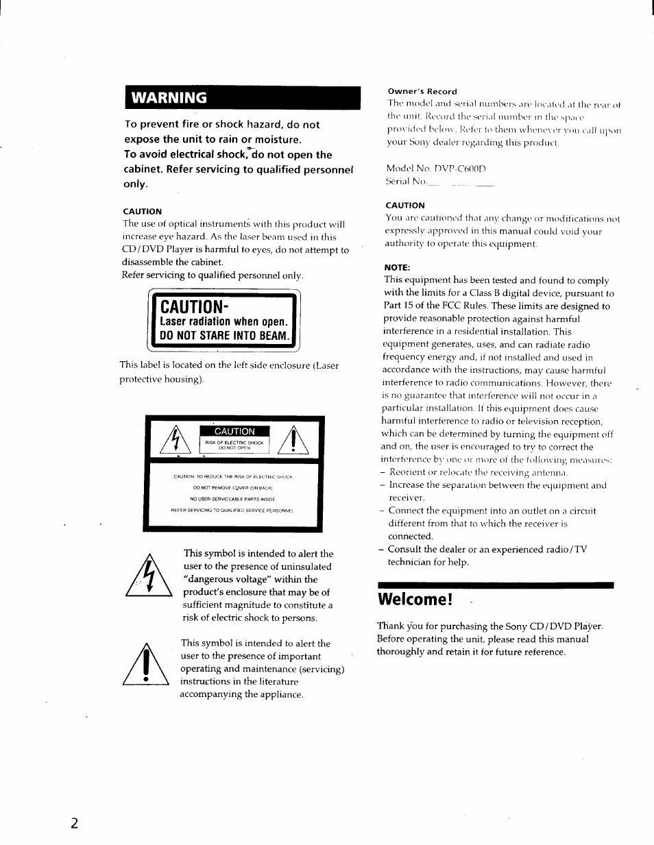 Caution, Owner's record, Note | Welcome, Warning | Sony DVP-C600D User Manual | Page 2 / 59