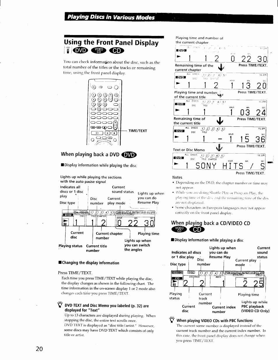 Using the front panel display, When playing back a dvd, Changing the display information | When playing back a cd/video cd, Display information while playing a disc, When playing video cds with pbc functions, Jjll 2i, 1 sony hits / s, Id©©©©'' 2 2 1, 2 25l | Sony DVP-C600D User Manual | Page 20 / 59