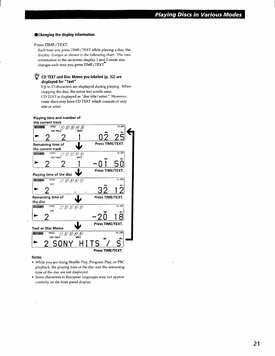 Changing the display information, Press time/text, Playing time and number of the current track | Notes | Sony DVP-C600D User Manual | Page 21 / 59