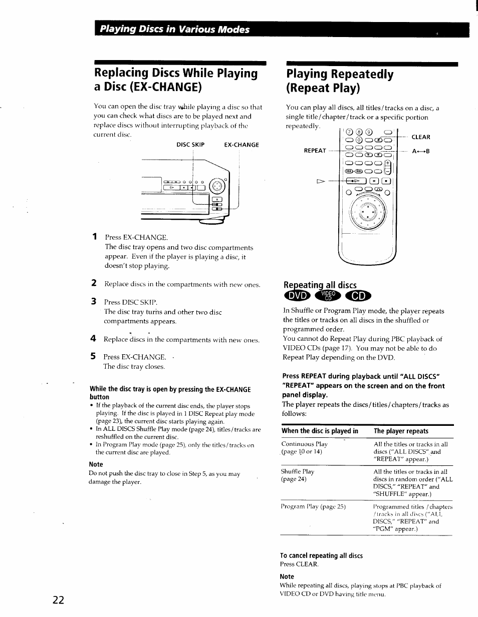 Replacing discs while playing a disc (ex-change), Button, Note | Playing repeatedly (repeat play), Repeating all discs, To cancel repeating all discs, Playing discs in various modes | Sony DVP-C600D User Manual | Page 22 / 59